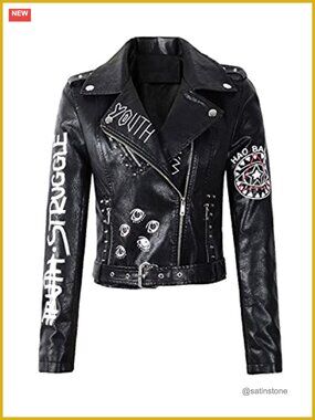 Women's Faux Leather Punk Jacket Motorcycle Biker Jacket with Belt